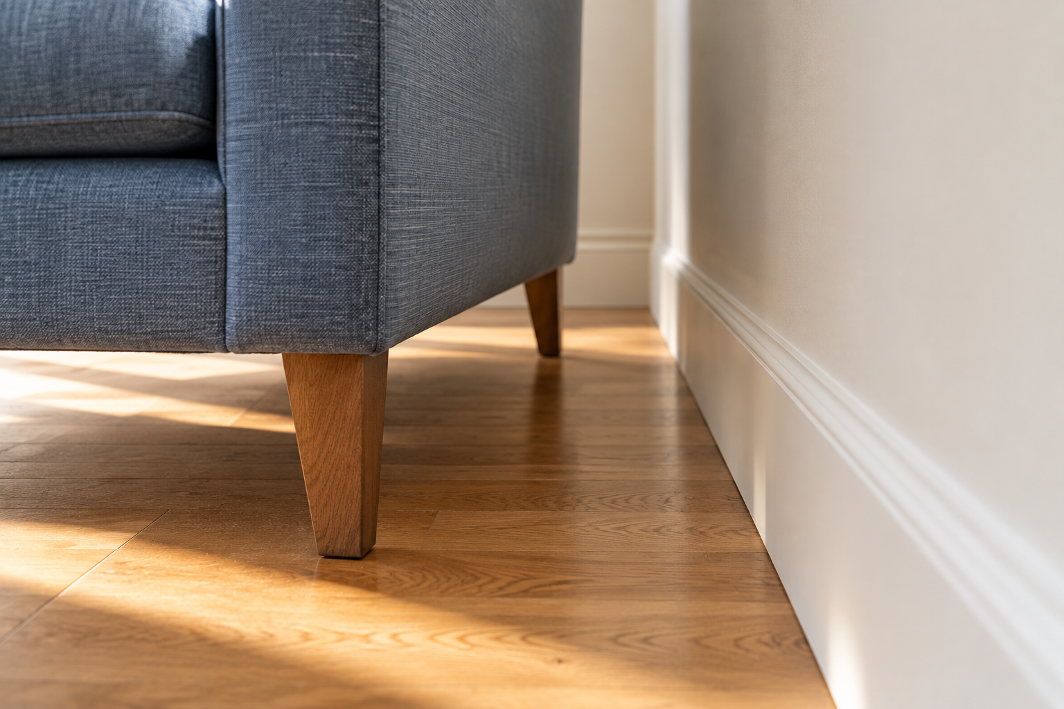 Close detail of the open floor gap between a sofa's leg and the wall behind it, showing a genuinely committed floated distance.