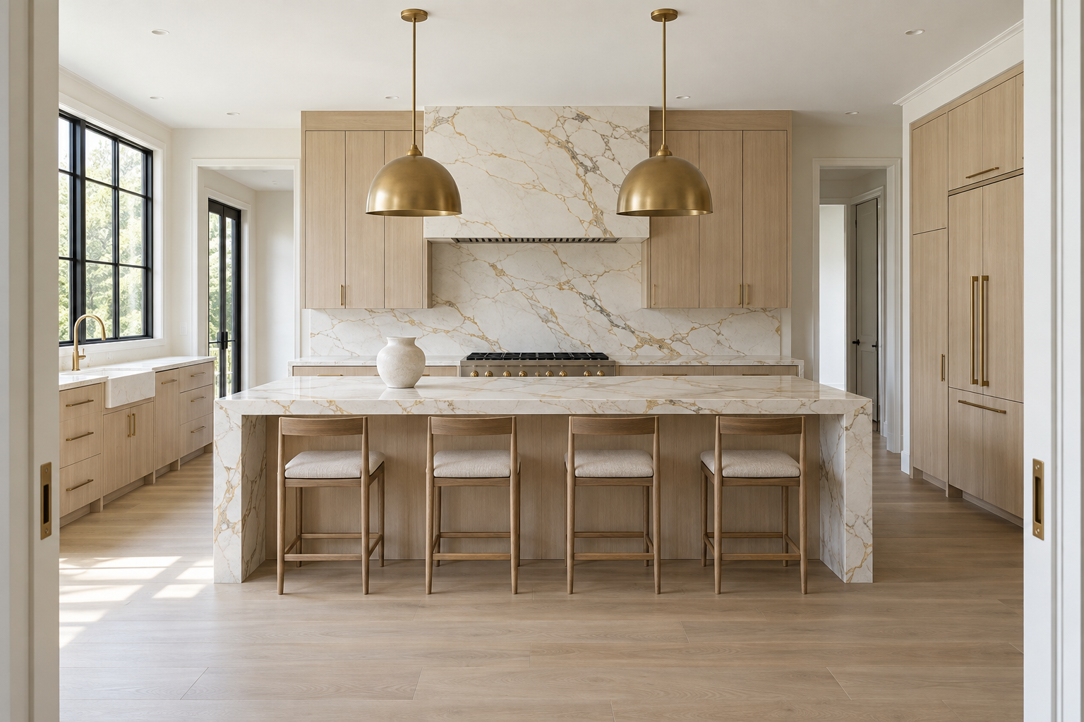 White and gold veined quartz continuing unbroken from the countertop up the wall as the backsplash, seam nearly invisible.