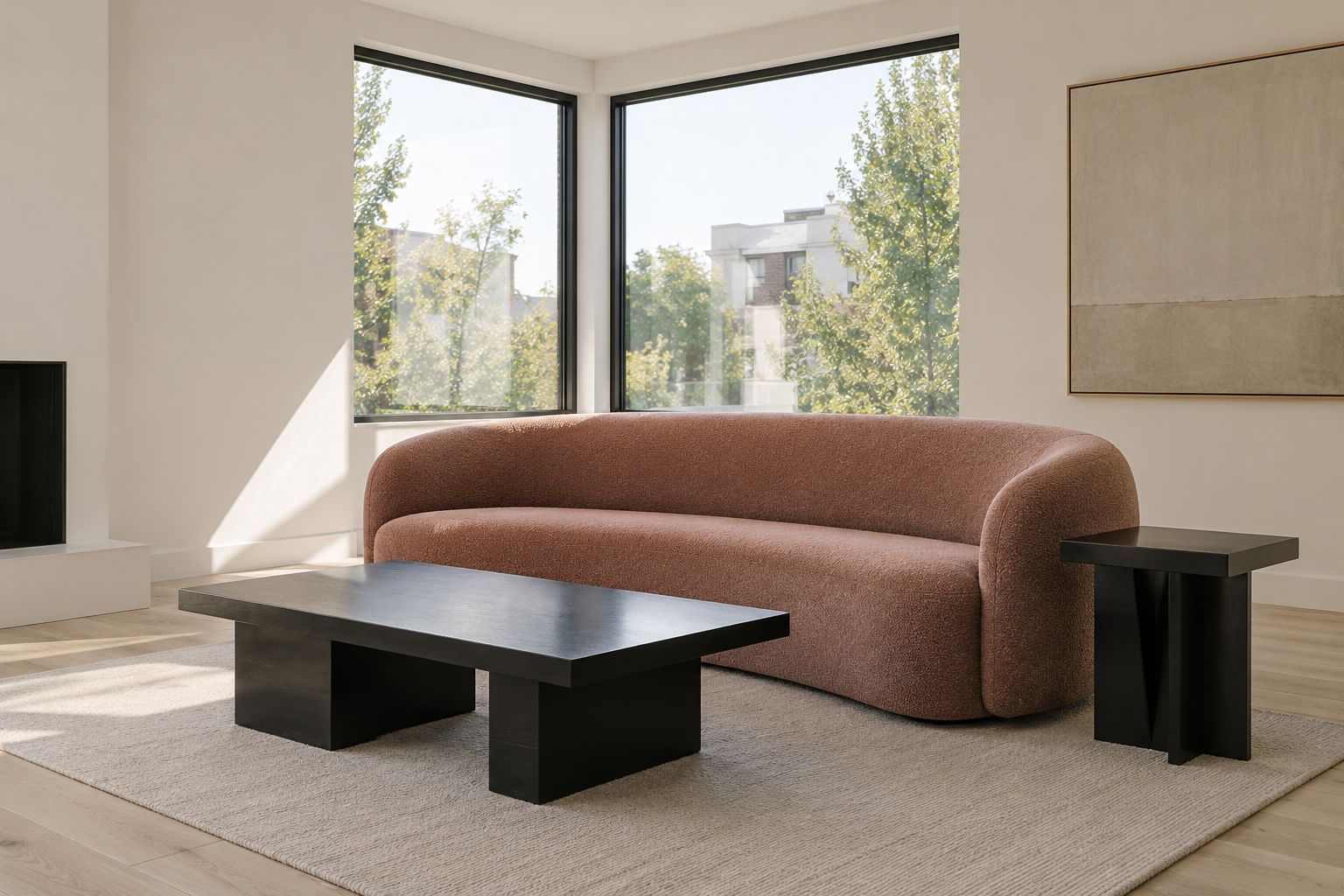 A curved dusty-rose sofa paired with angular black-lacquer tables in a living room.