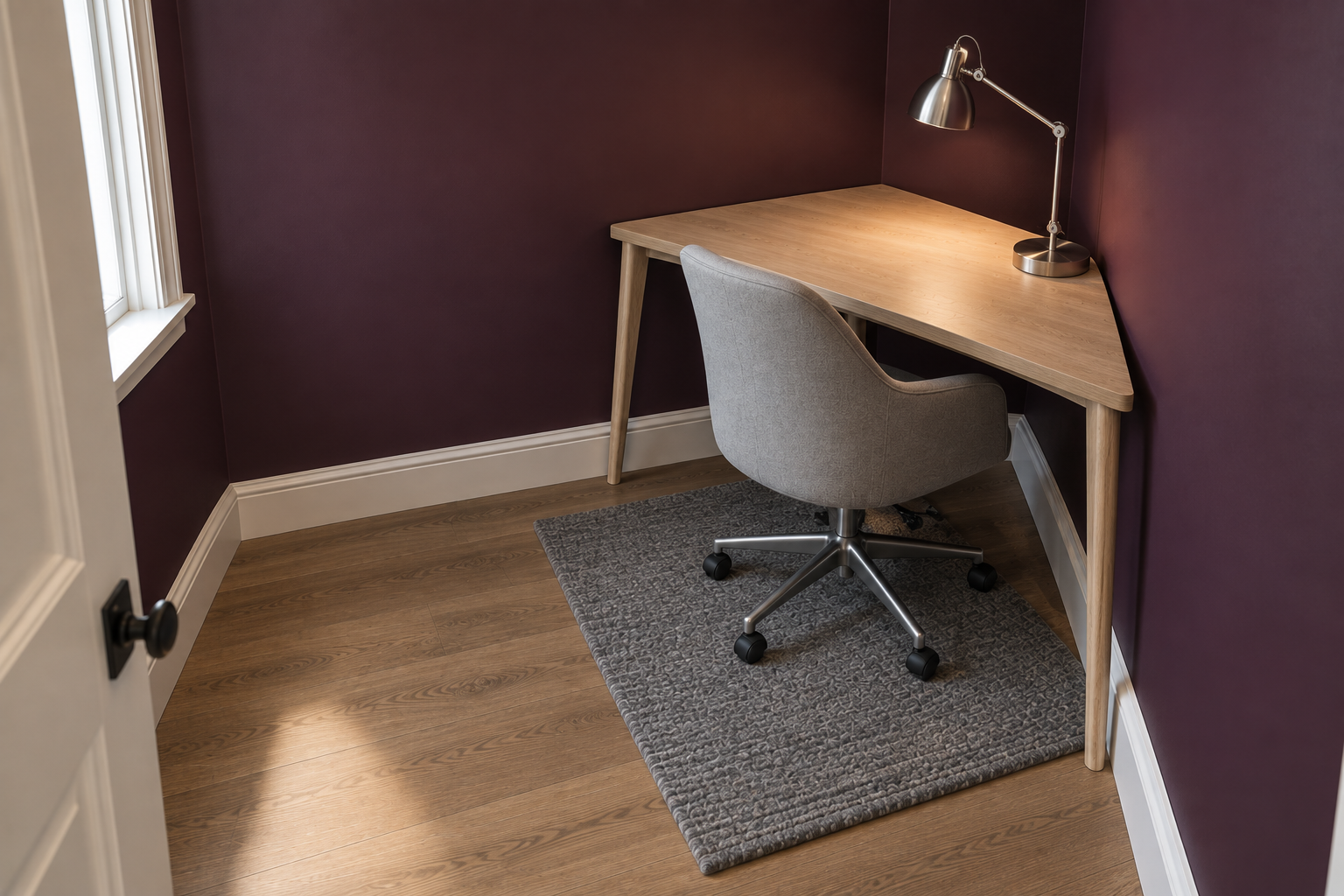 A desk angled into a room corner, with clearance concentrated along a single approach path.