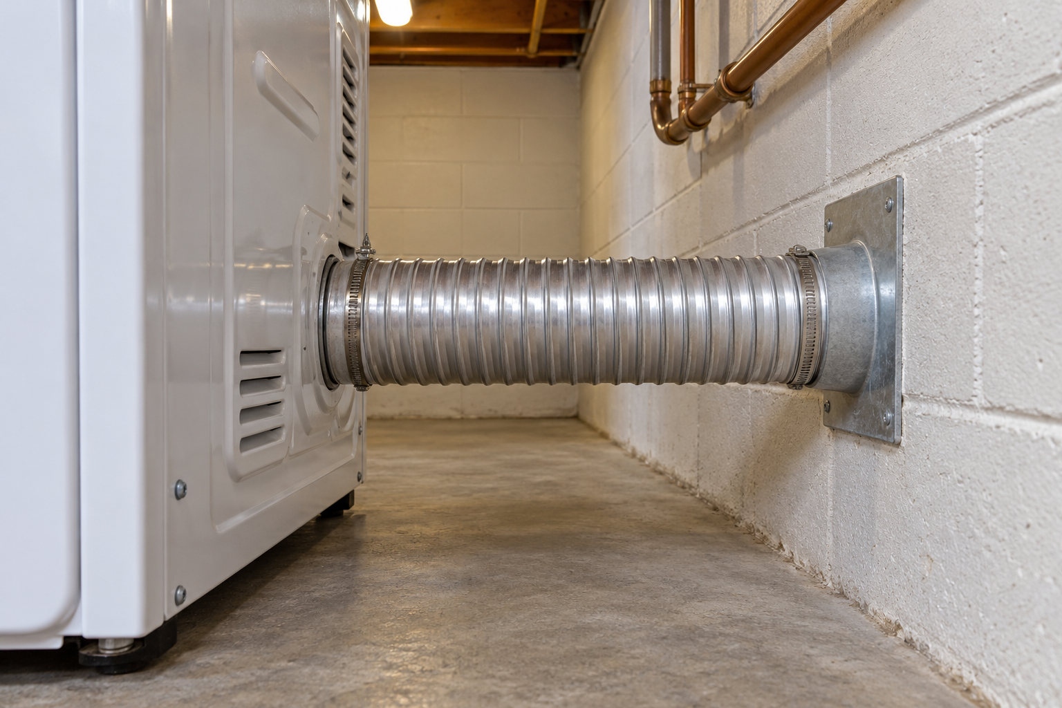 A straight metal dryer duct running from the back of a dryer to a wall vent with clear floor behind.