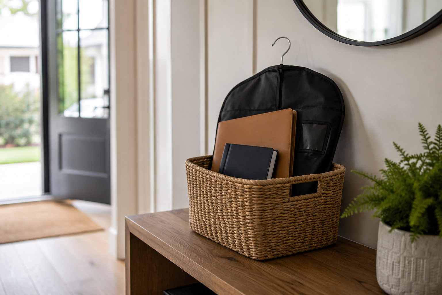 A small entryway basket holding items ready to leave the house