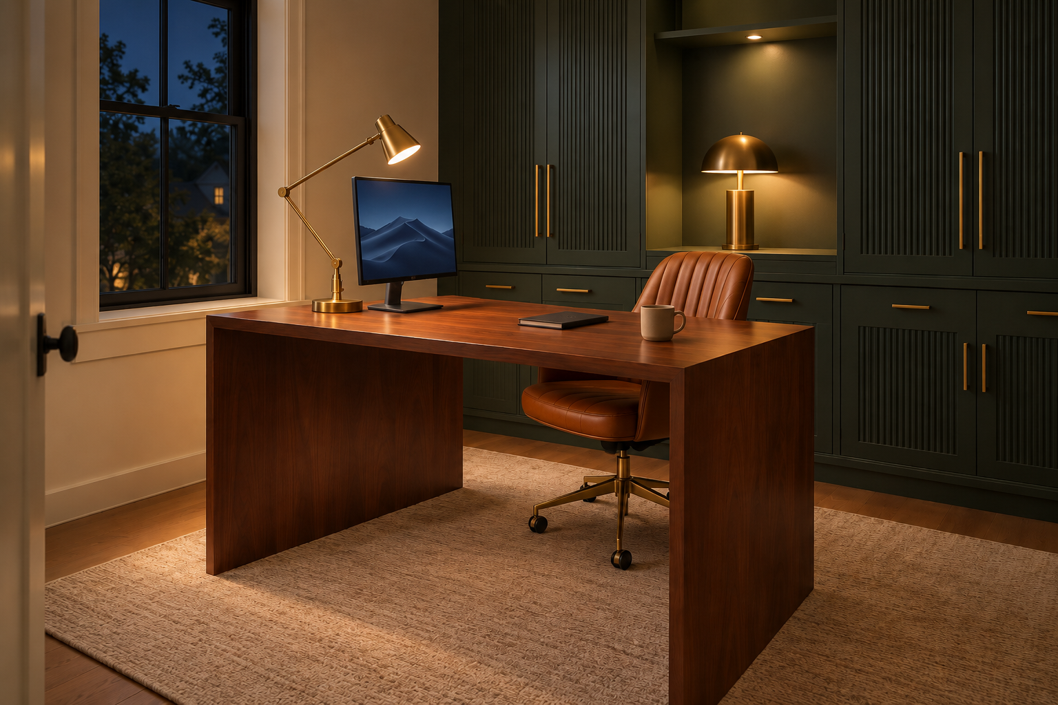 A home office at night with a separate ambient lamp lit across the room from the glowing monitor, keeping the contrast between them comfortable.