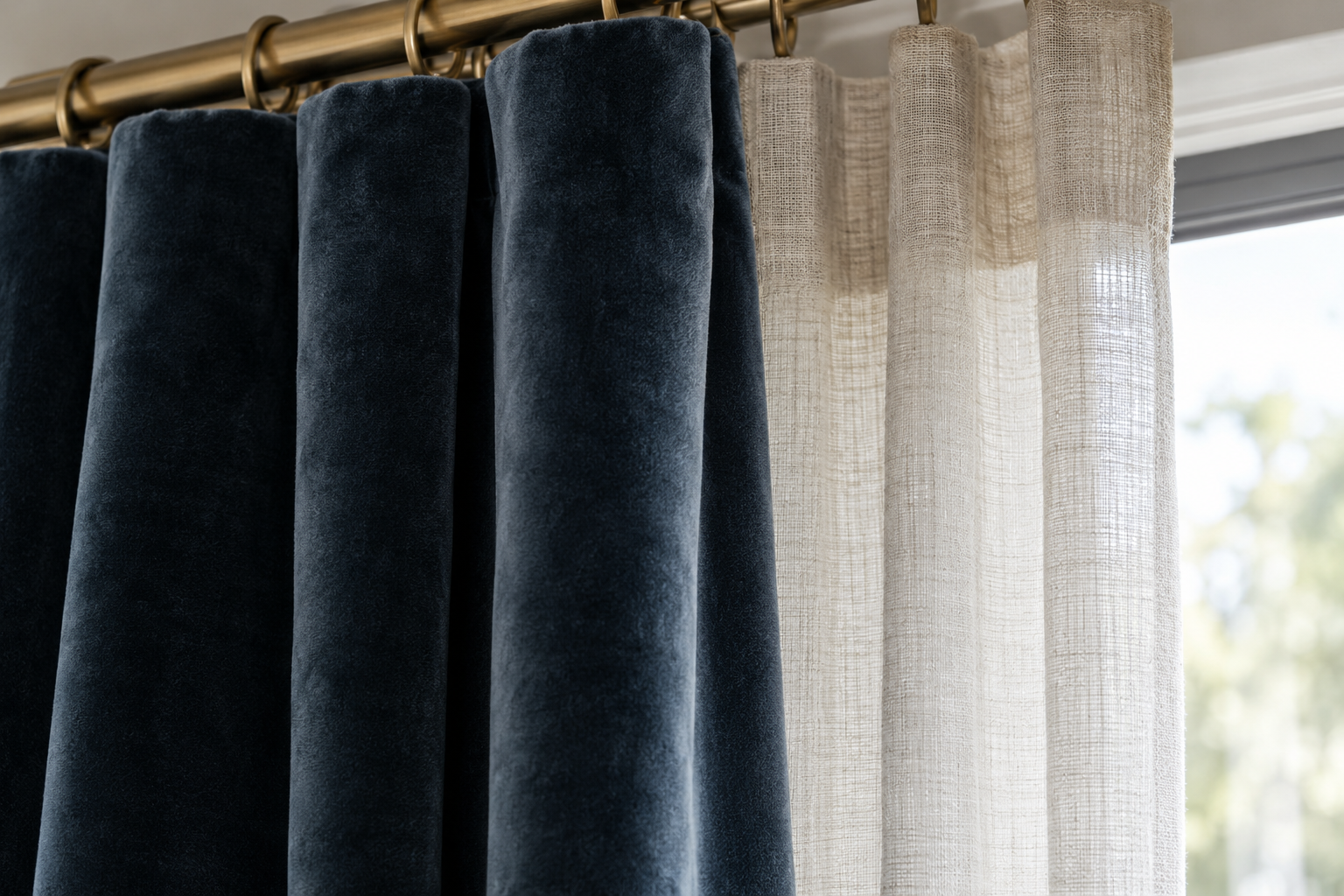 A close detail of two curtain fabrics hanging from the same brass rod: a heavy charcoal-blue velvet blackout panel with deep folds beside a pale, sheer bone-linen panel with fine, airy folds.
