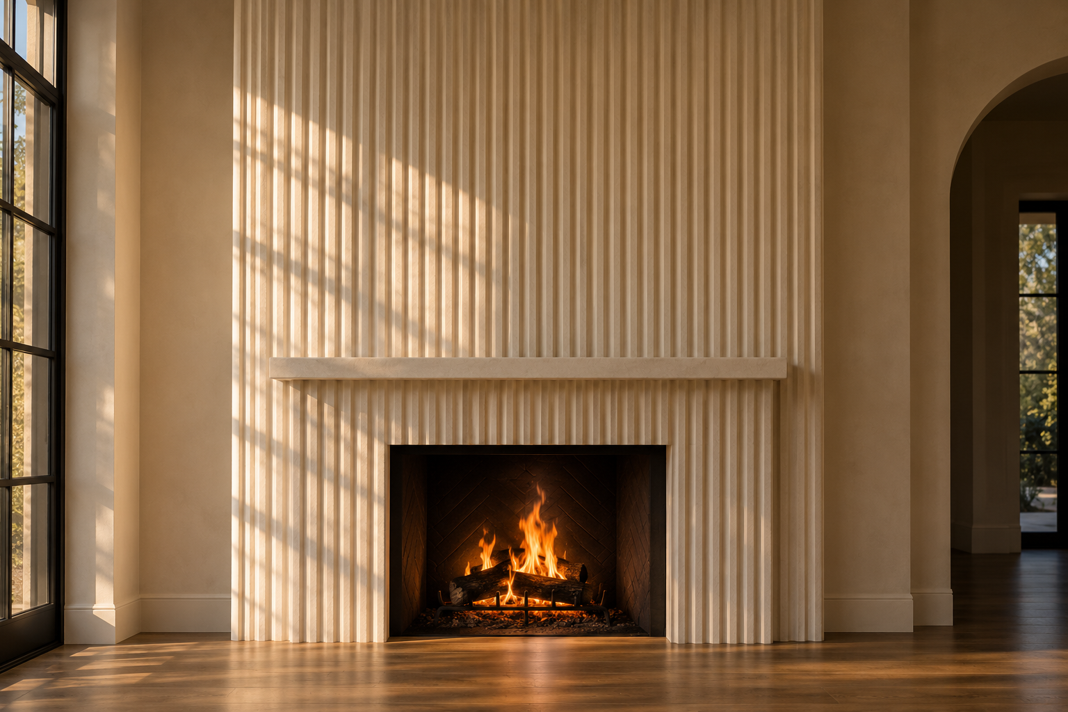 A tall fluted plaster fireplace surround with a real fire lit and the mantel shelf left bare.