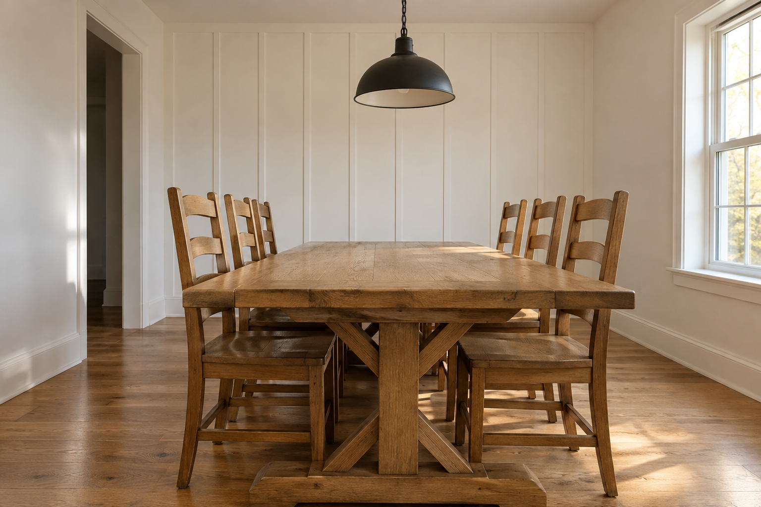 A farmhouse dining room with a warm oak trestle table, ladder-back chairs, and a black iron pendant hung slightly off-center above the table, against one board-and-batten wall.