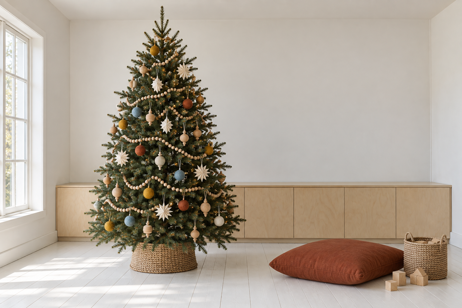 A Christmas tree decorated with felt, paper, and wooden ornaments in a family room with birch plywood cabinets.