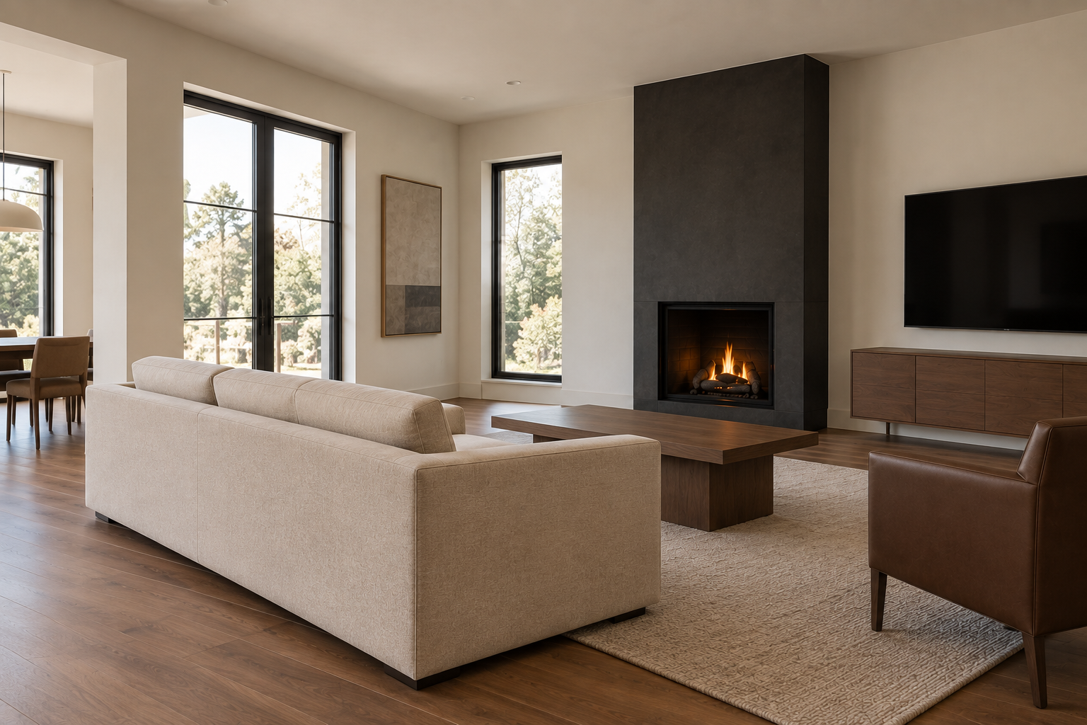 A sofa floated away from the walls in a living room, with clear sightlines to both a fireplace and a TV.