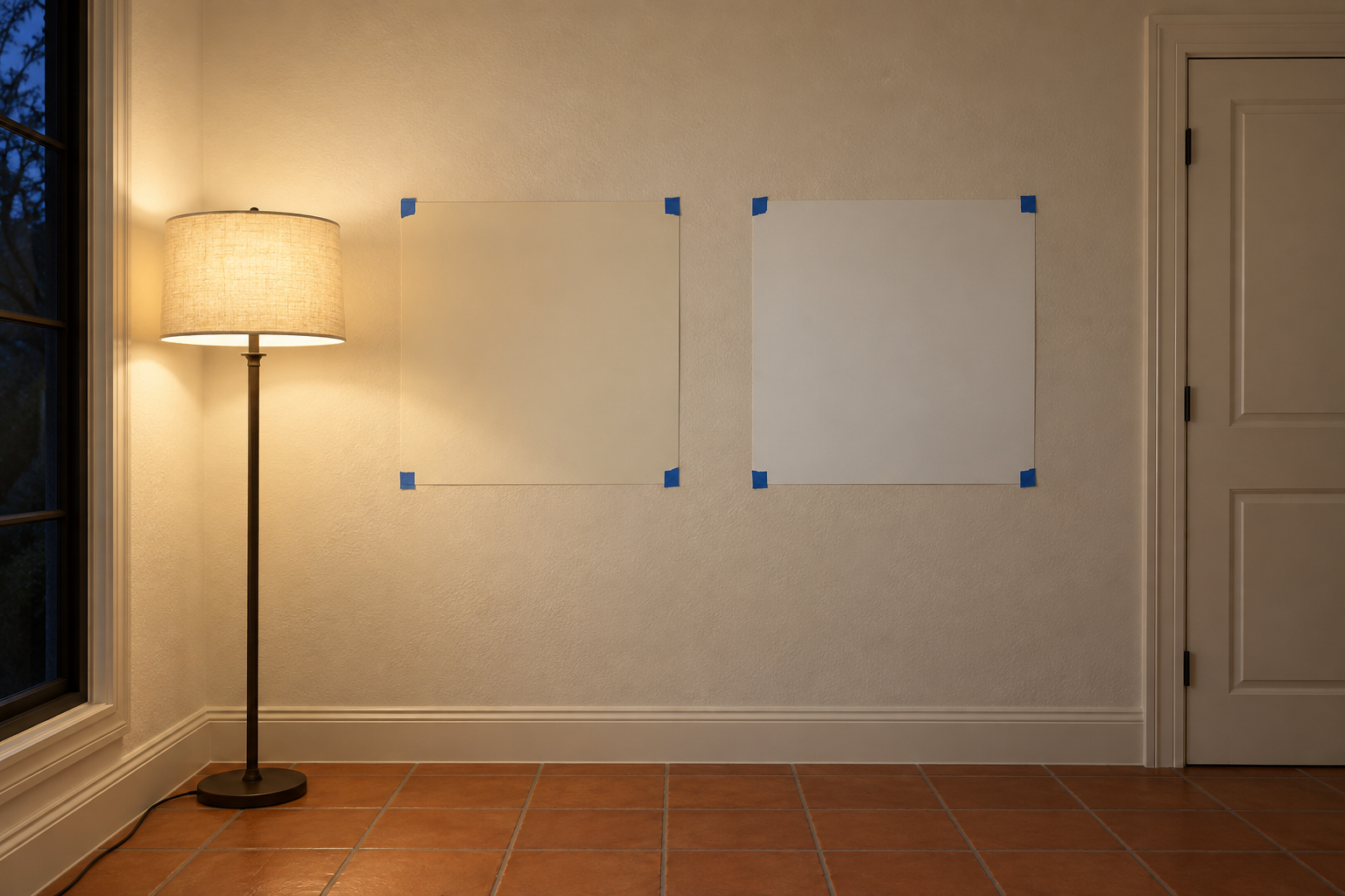 Two large white paint samples taped to a wall under a floor lamp in the evening.