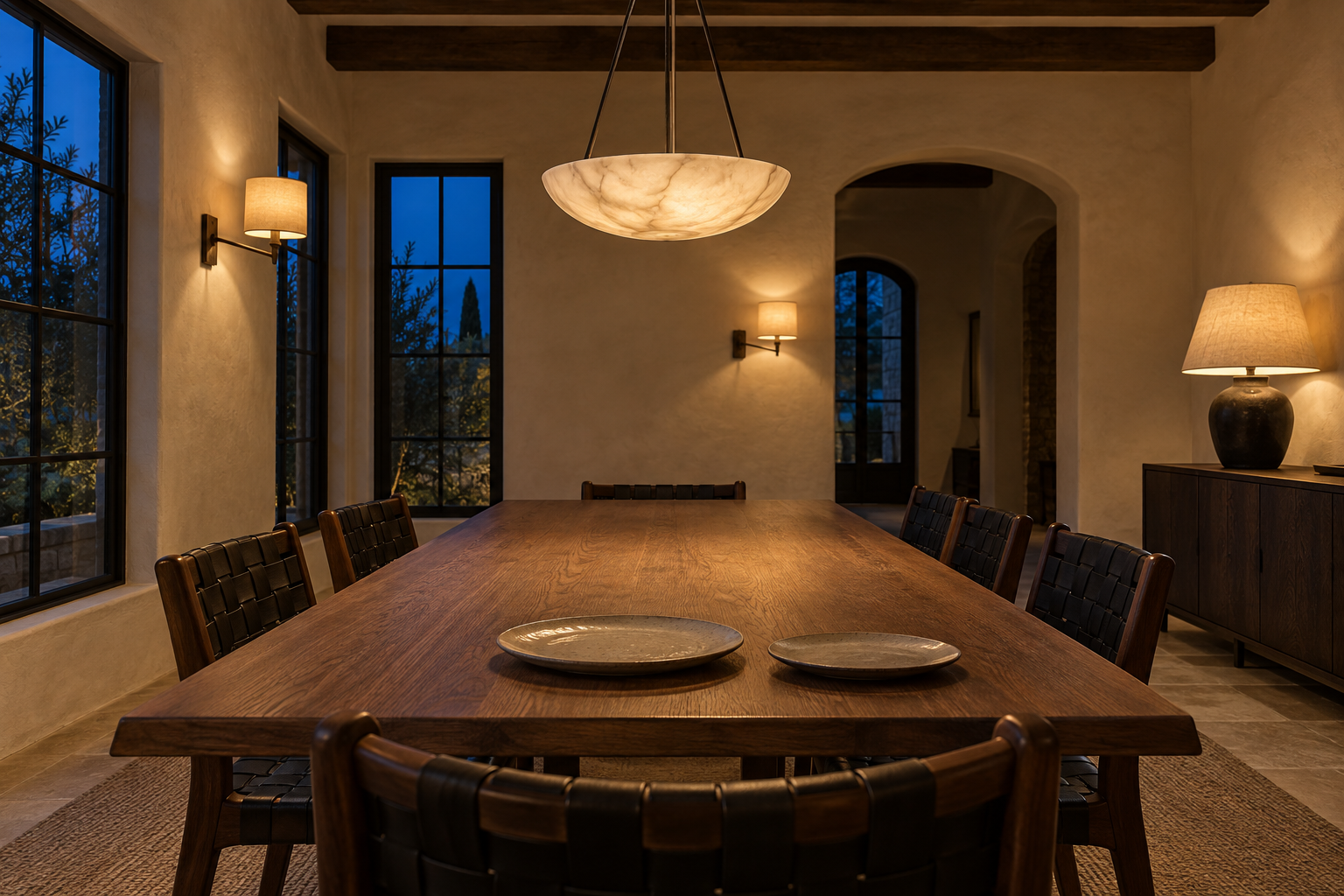 A dining table at night lit by a dimmed alabaster pendant, two wall sconces, and a table lamp against warm white plaster walls.