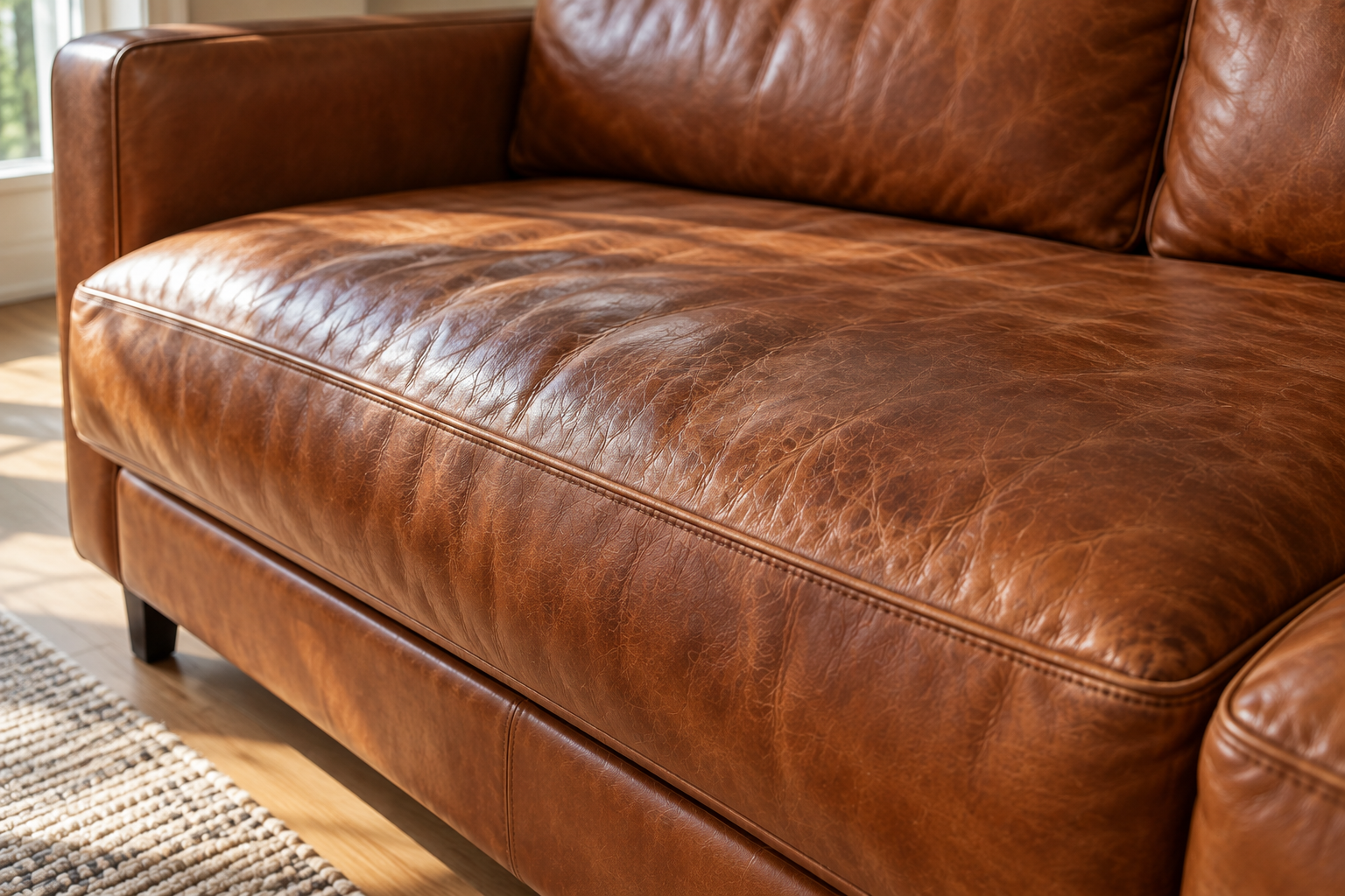 Close-up of cognac leather showing natural patina and richened color from age.