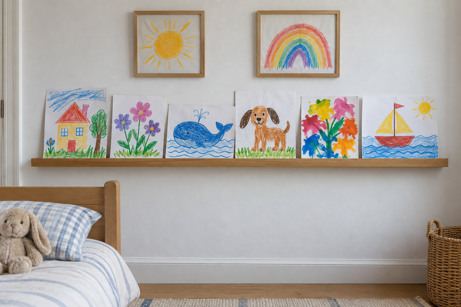 Children's drawings leaned on a low oak picture ledge on a white wall, with two framed drawings above.