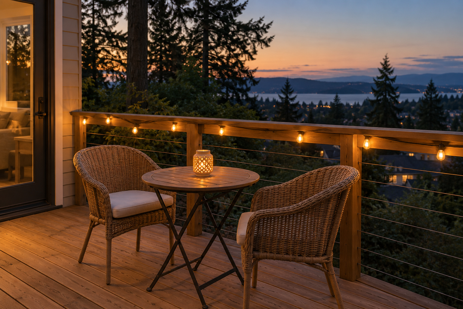 A single strand of warm string lights along a cedar patio railing beside a lit bistro table at dusk