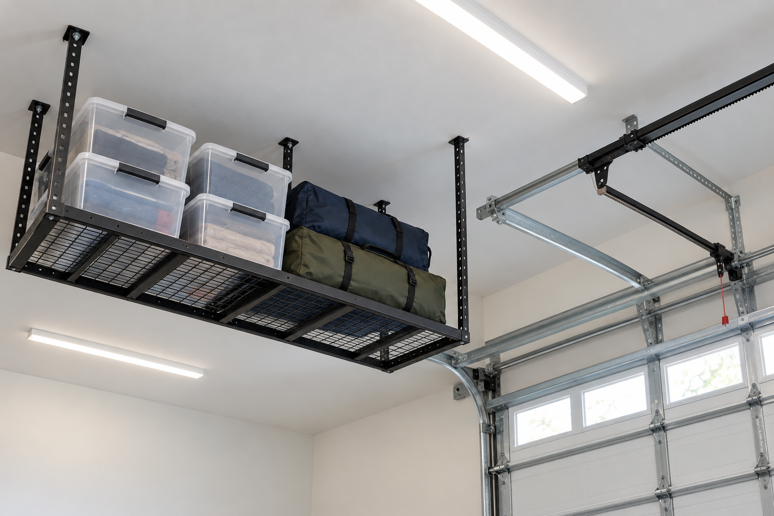 A ceiling storage rack with clear bins beside a garage door track, with space between them.