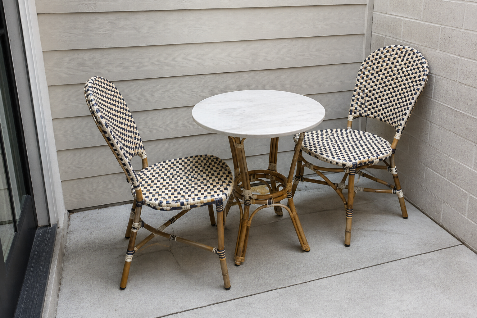 A small urban patio holding just two rattan bistro chairs and a small table