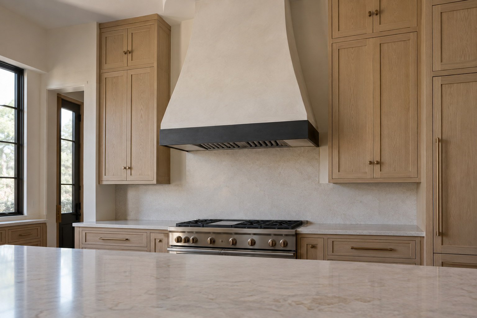A tall plastered range hood with a blackened-steel trim band, photographed from a low seated angle.