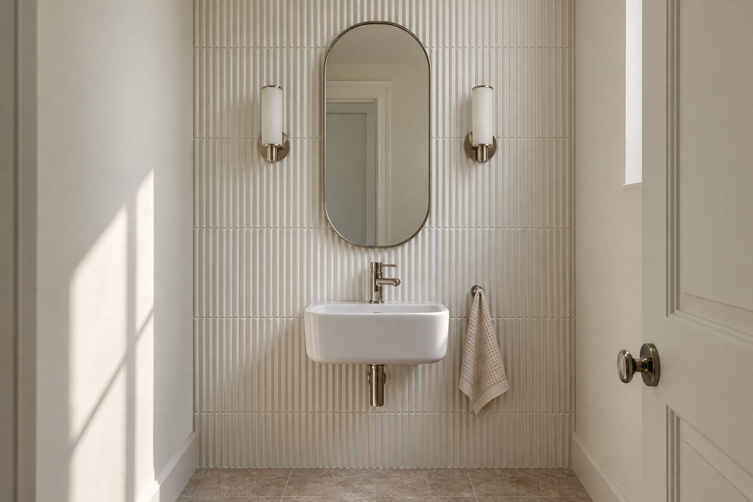 A powder room wall covered floor to ceiling in white relief tile, with a small basin and a pill-shaped mirror.
