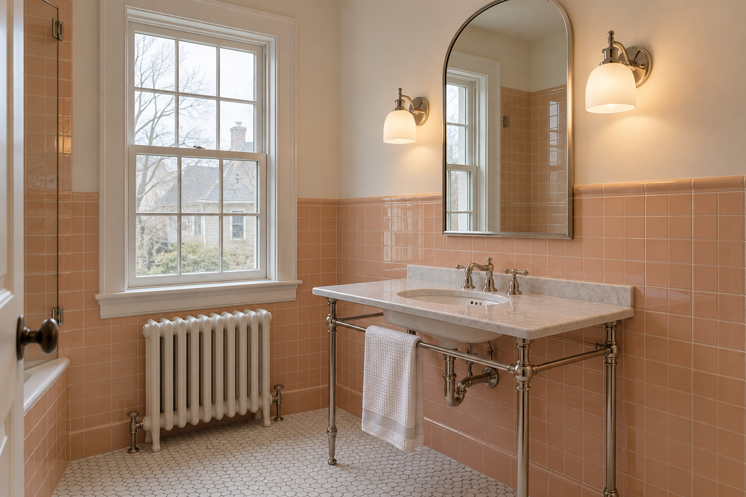 Two wall sconces on either side of an arched mirror above a marble console sink, with peach tile on the lower walls.