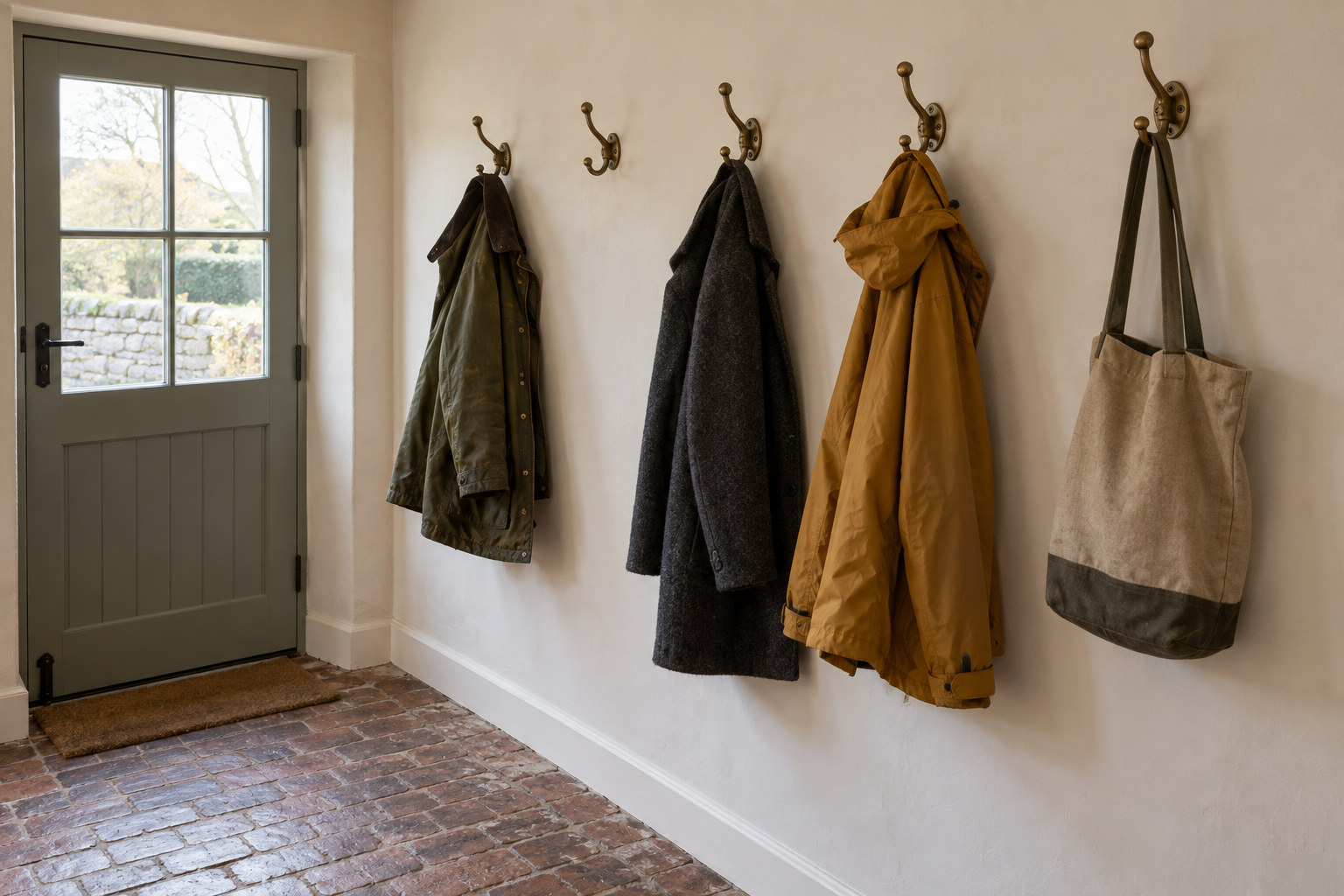 Three damp coats on a single row of spaced brass hooks, with air between each coat.