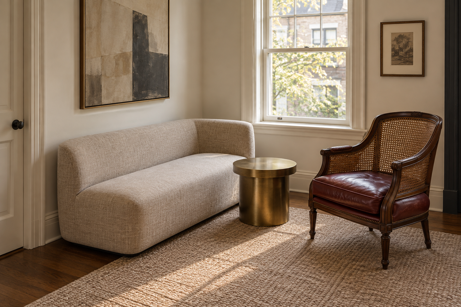 A single oxblood cane-back chair introduced beside a contemporary bench-seat sofa and brass drum table, one traditional piece added to an otherwise current room.
