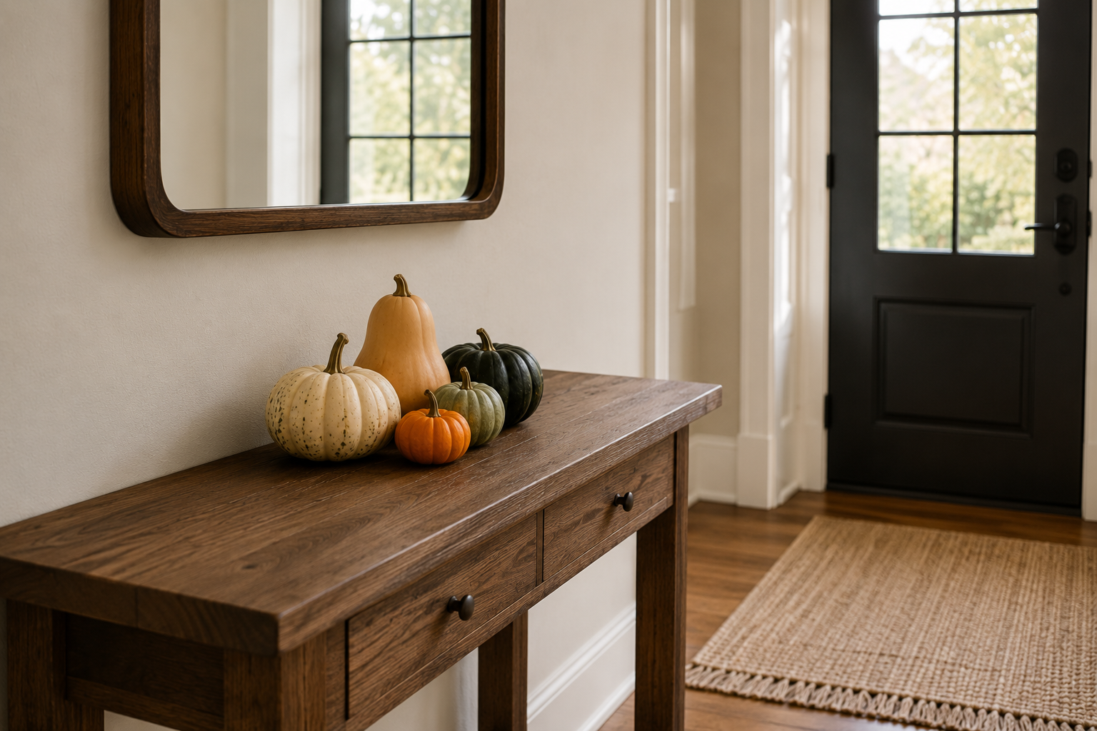 Entryway console styled with a single seasonal gourd cluster for Thanksgiving