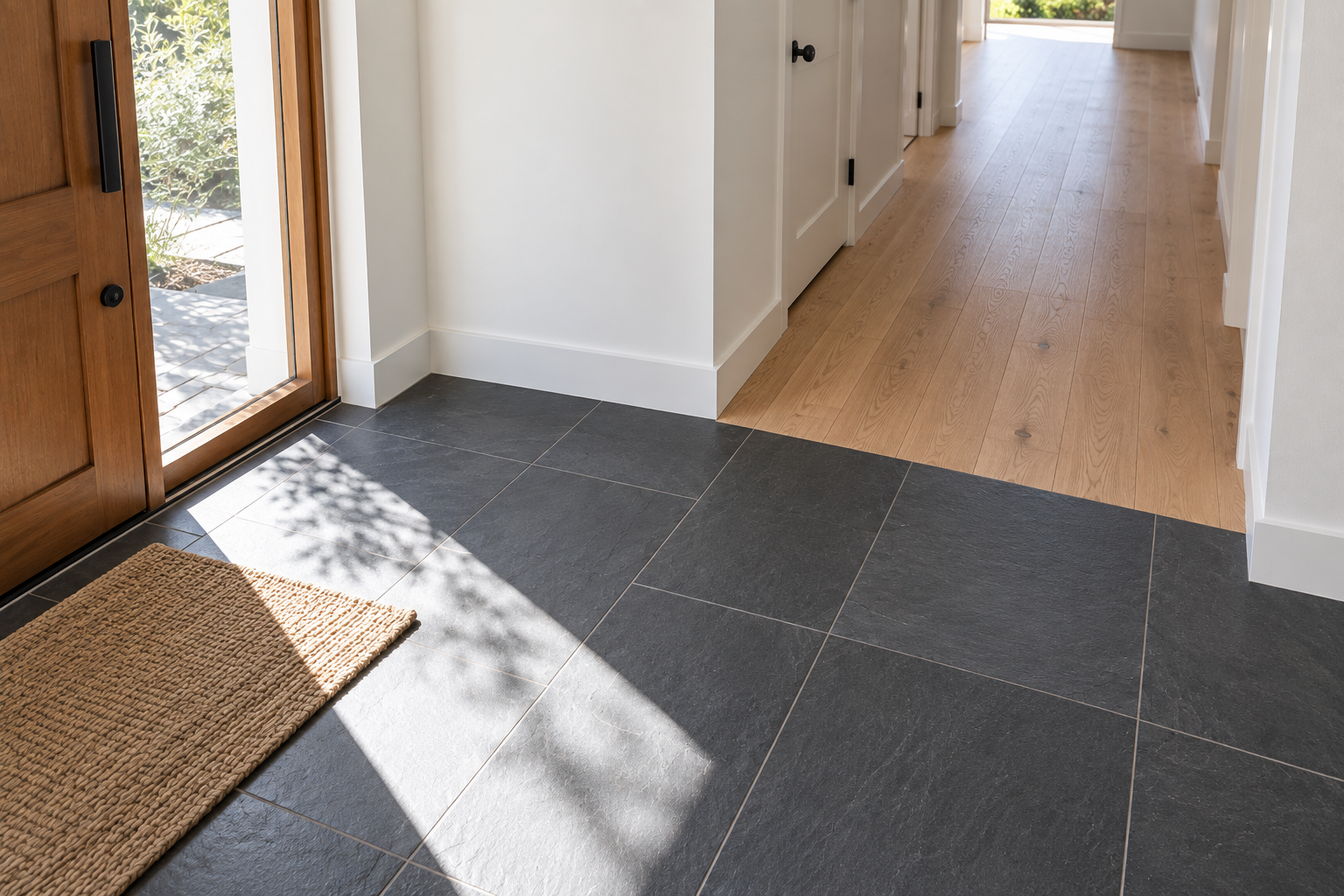 Charcoal slate tile transitioning to white oak hardwood a few feet past a home's front door.