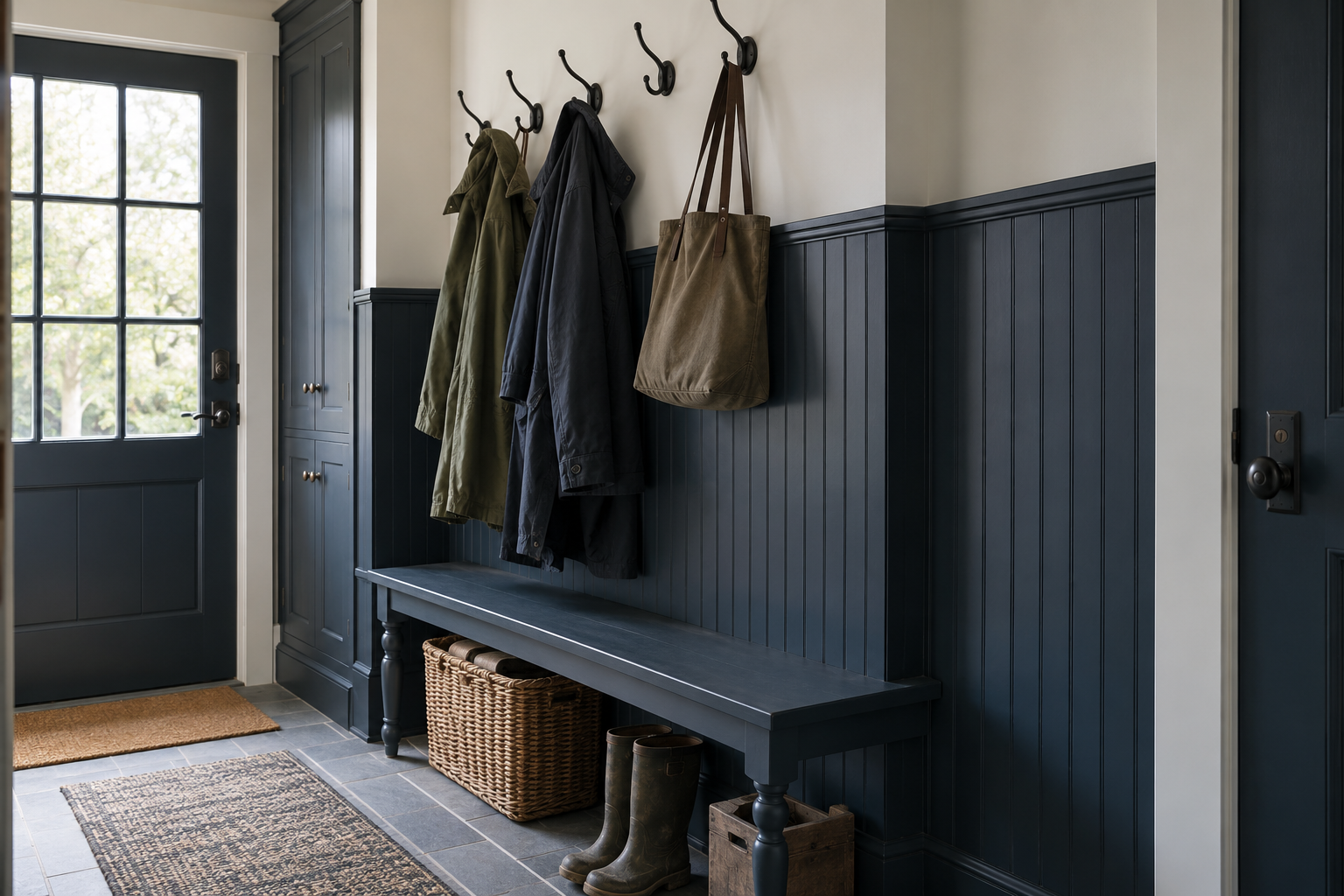 Navy-painted tongue-and-groove paneling to chair-rail height in a mudroom, with coats hanging from blackened steel hooks.