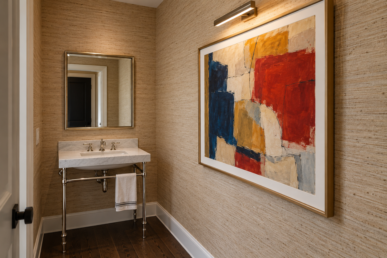 A large framed abstract print under a picture light on grasscloth in a powder room, away from the sink.