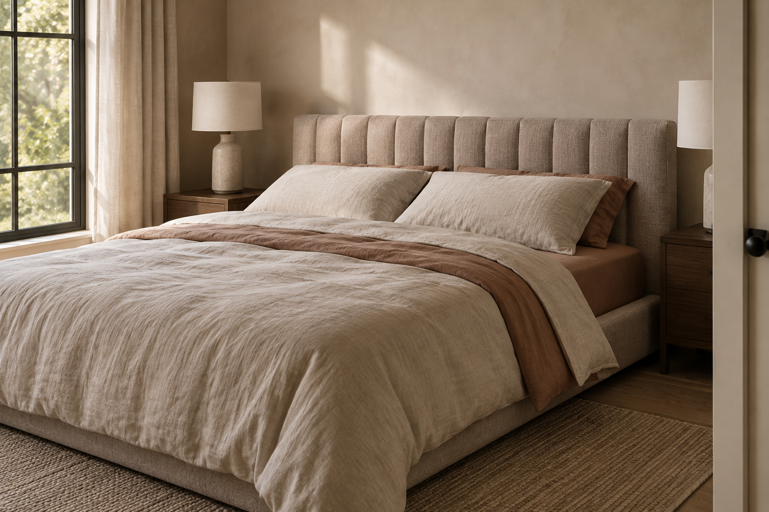 A bed with a channel-detail headboard layered in warm flannel bedding for fall.
