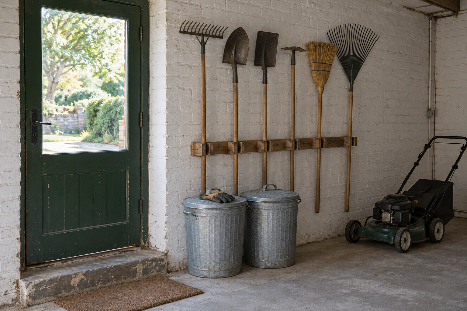 Garden tools upright in a wall rack beside a green side door, with lidded metal bins below.