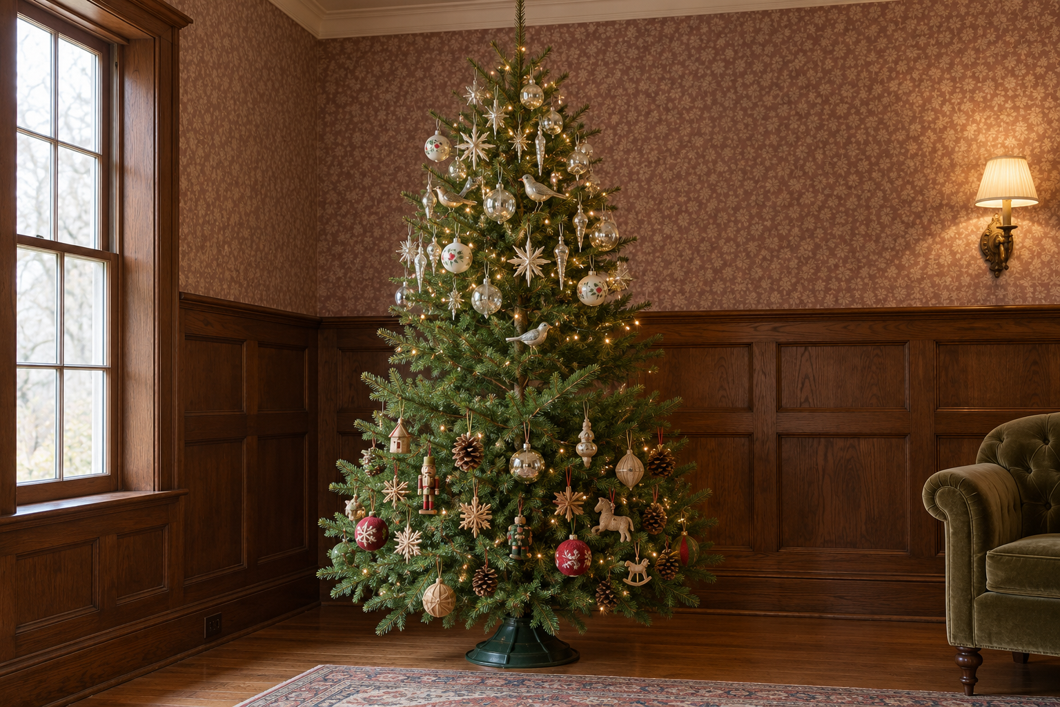 A Christmas tree with vintage glass ornaments on its top branches and wooden ornaments below, in a room with burgundy wallpaper and oak paneling.