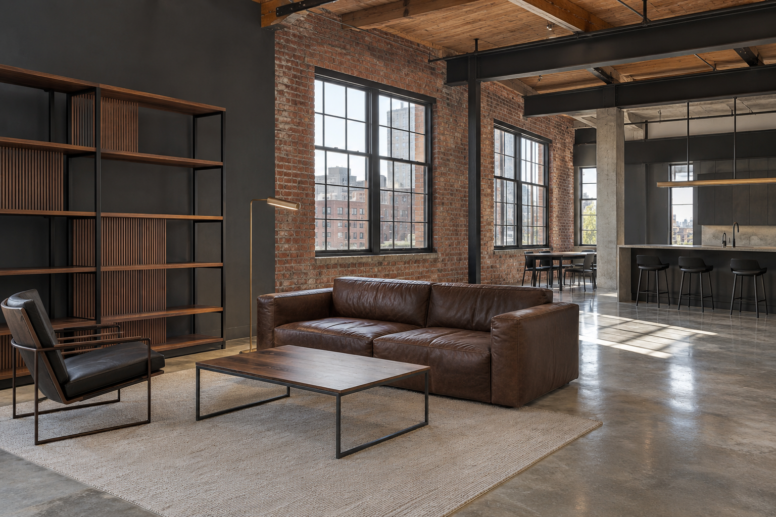An industrial-eclectic loft living room with a deep brown leather sofa, architectural steel-frame shelving with fluted wood inserts, and one exposed brick wall.