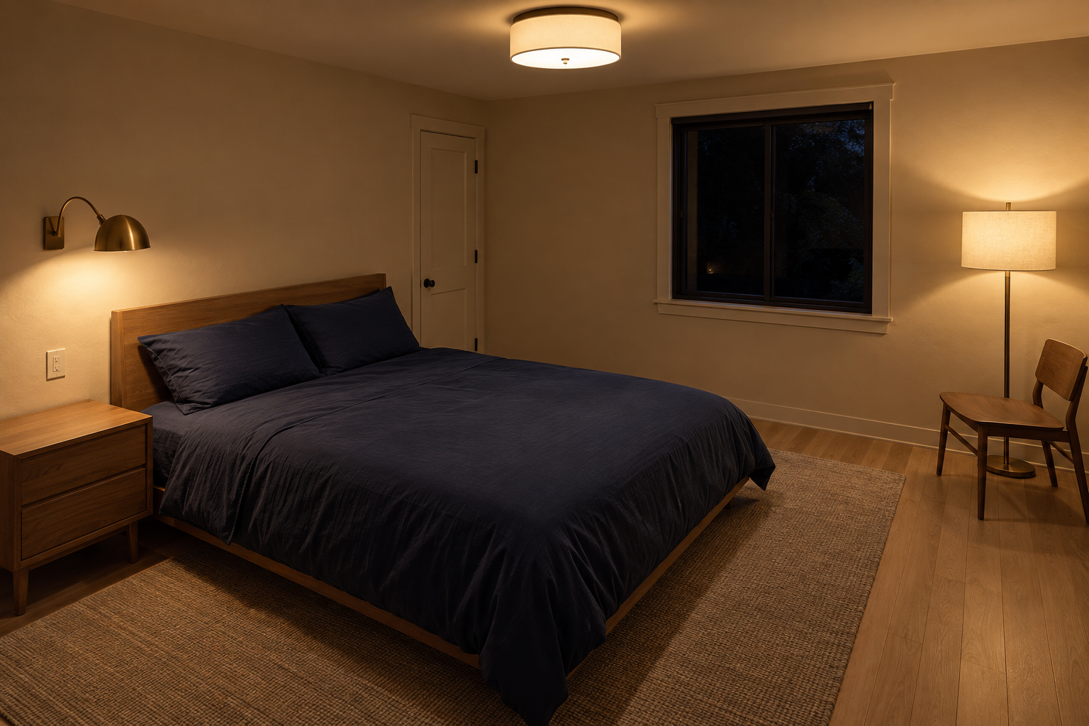 A bedroom at evening with three separate light sources lit at once: a ceiling fixture, a brass bedside sconce, and a corner floor lamp.