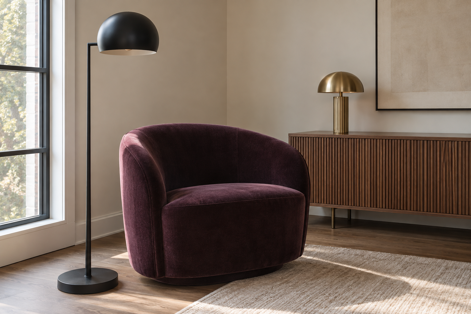 A living room seating corner with a deep plum velvet armchair, a sculptural black globe-head floor lamp, and a reeded walnut console with a brass table lamp visible behind it.