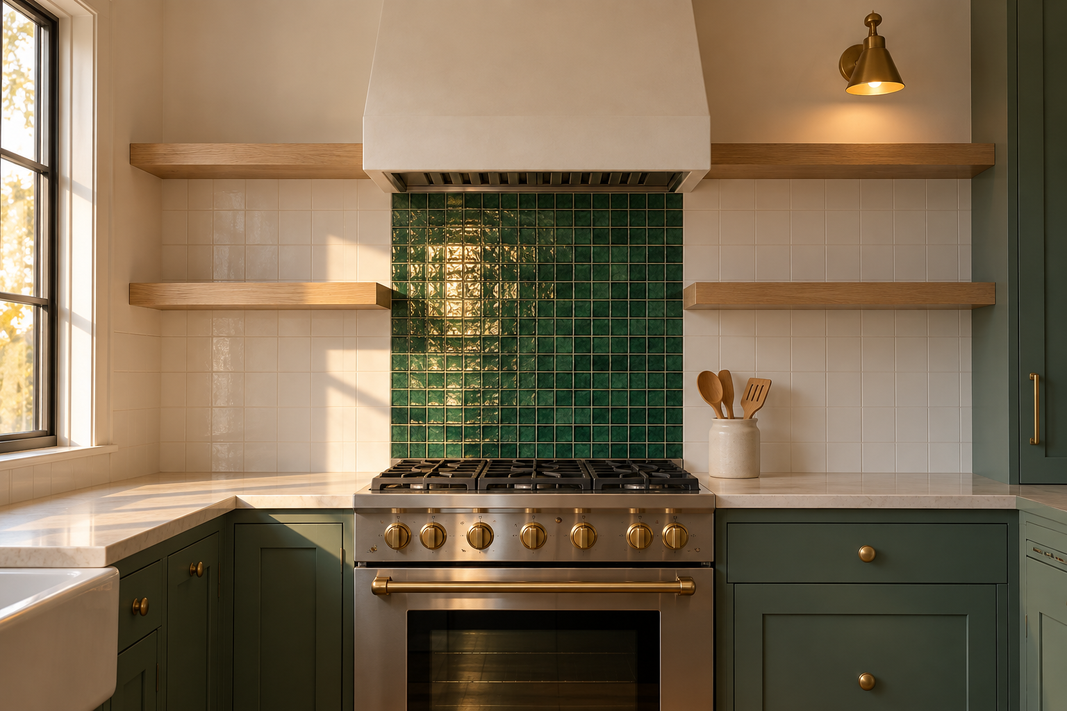 Emerald glass mosaic tile zoned to the width of the range, with plain white field tile continuing on either side, in a compact kitchen.