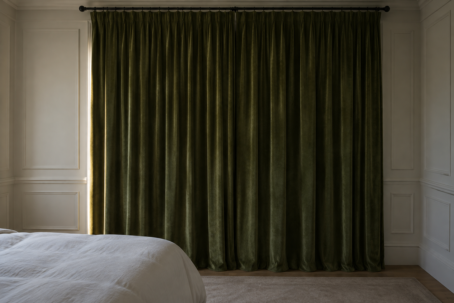Moss green lined curtains drawn across a bedroom window, with a thin line of morning light at one edge.