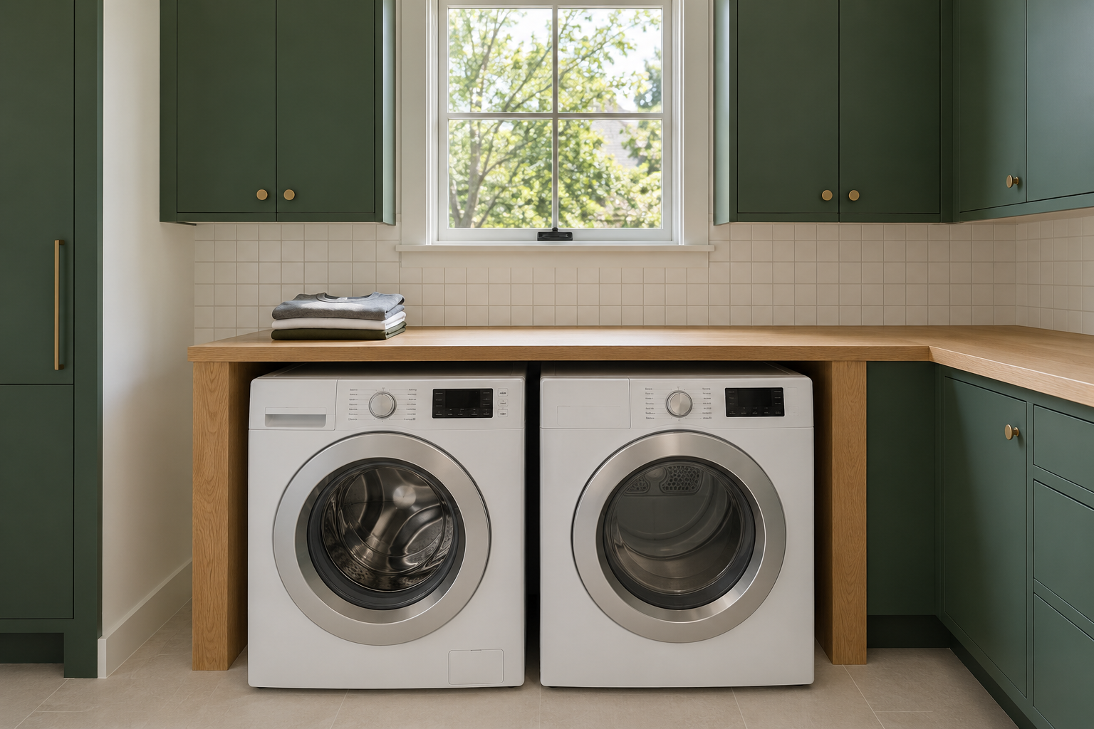 A white oak folding counter over two front-loading machines under forest-green cabinets.