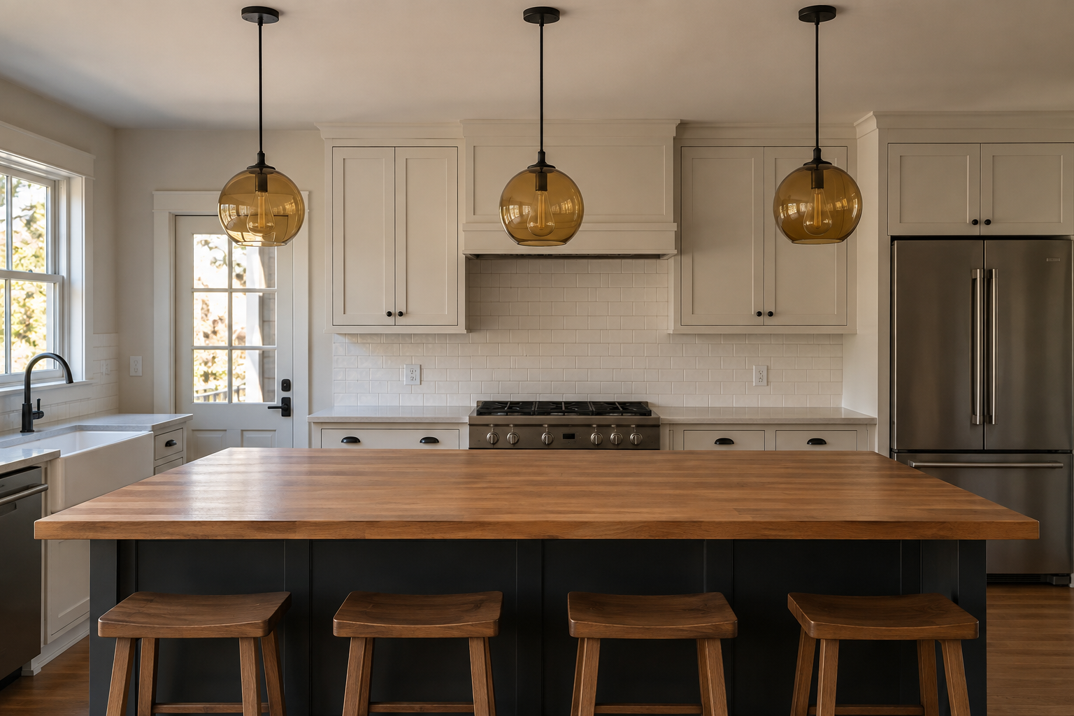 Three amber-glass pendants hung in a single even line over a butcher-block kitchen island.