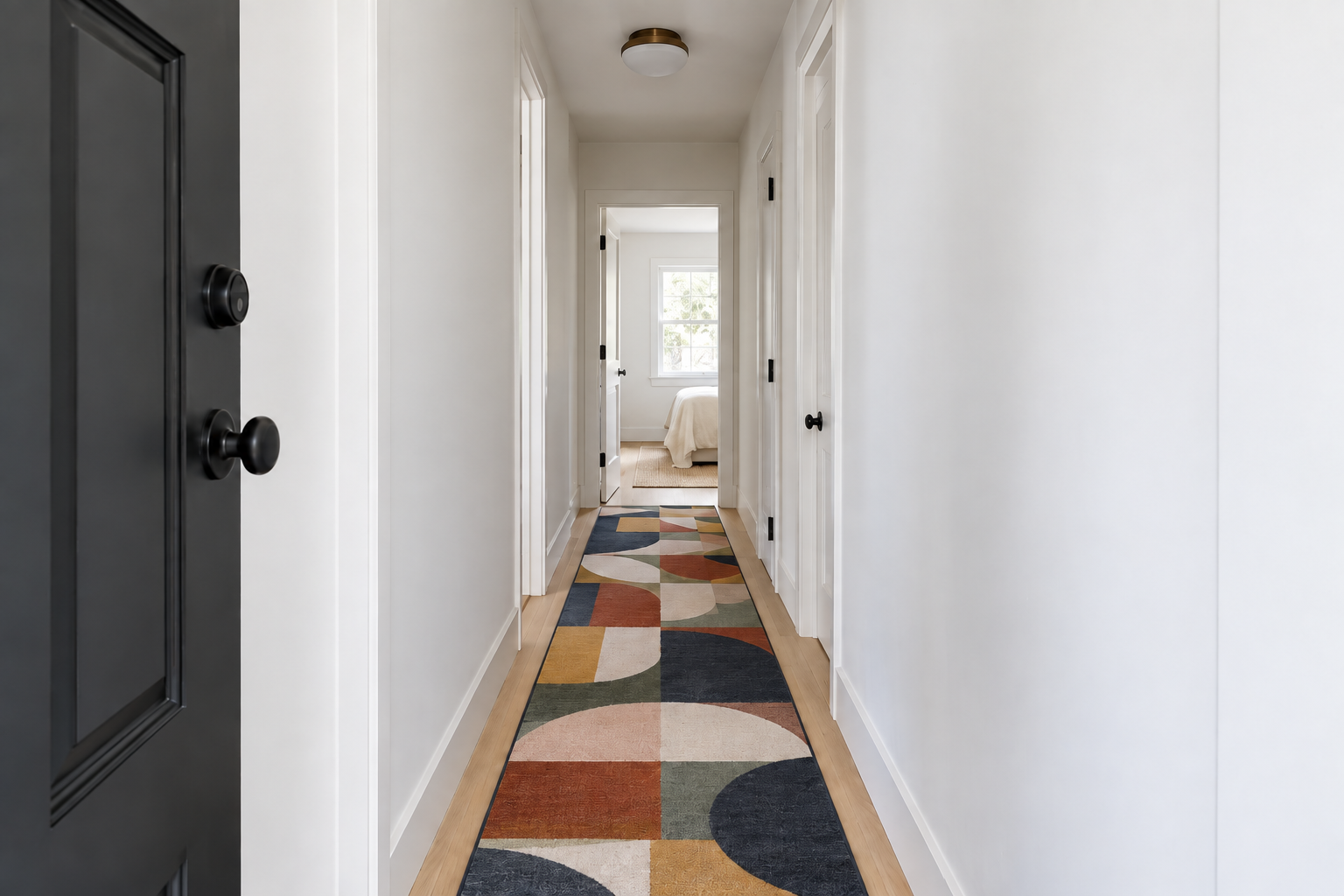 A bold graphic runner rug laid the full length of a narrow entry hallway.