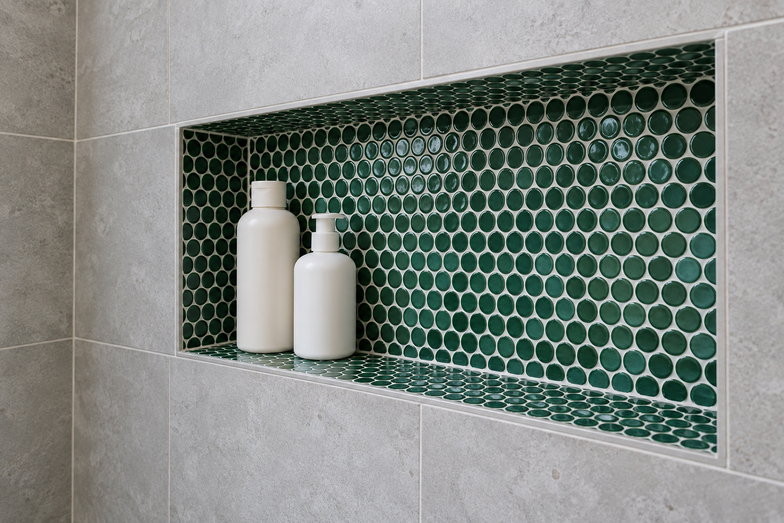 A recessed shower niche lined with emerald green penny tile, set into a pale gray tiled shower wall.