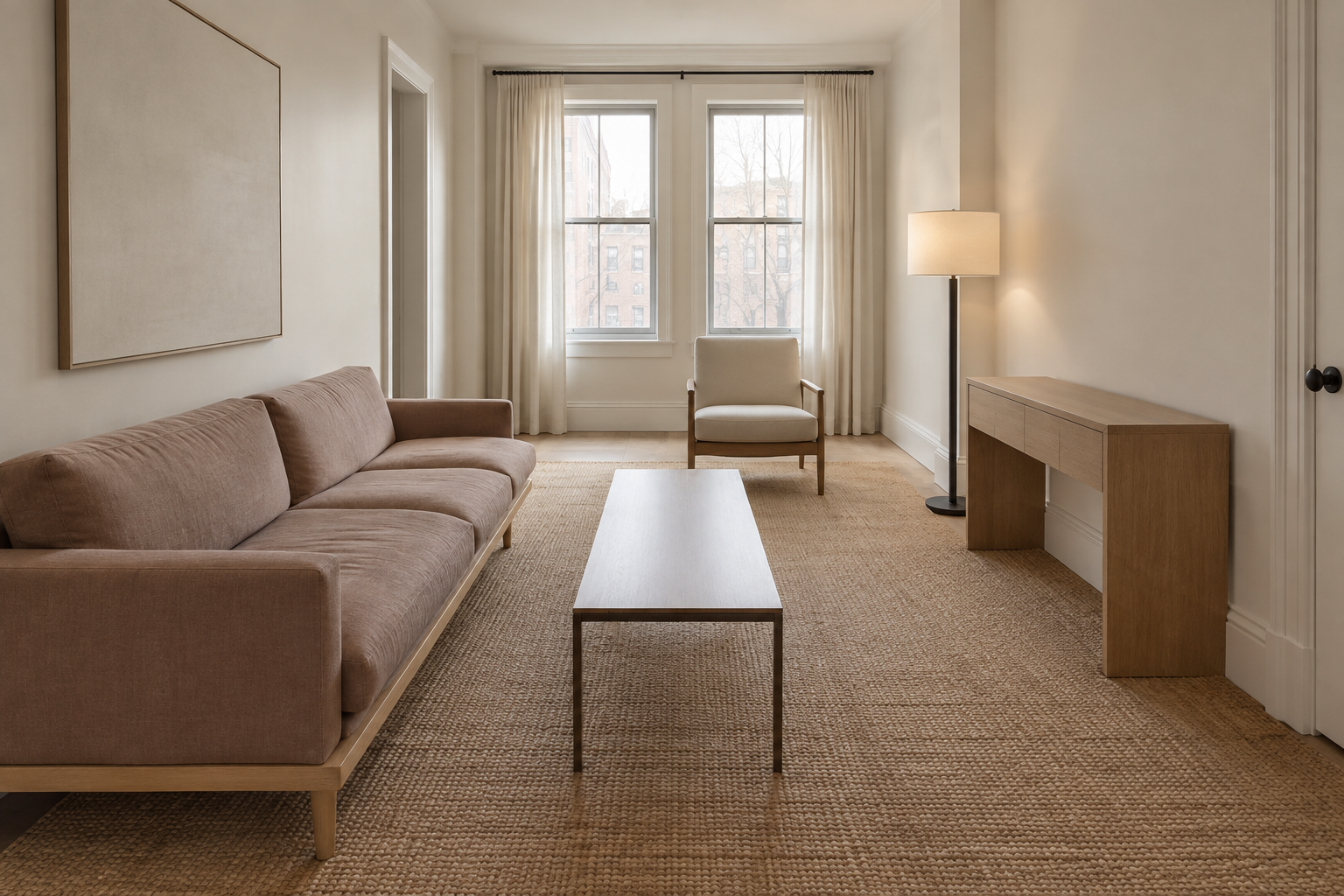 A long, narrow living room with furniture arranged in a single file along its length.