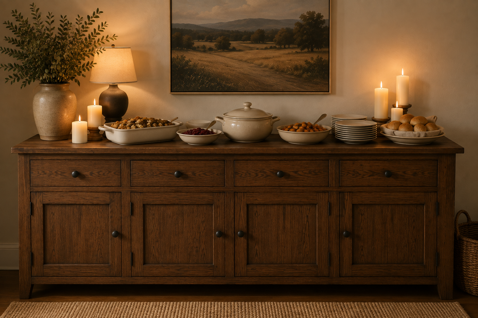 Thanksgiving sideboard set up as a functional serving station in a craftsman-style dining nook, lit with warm ambient light