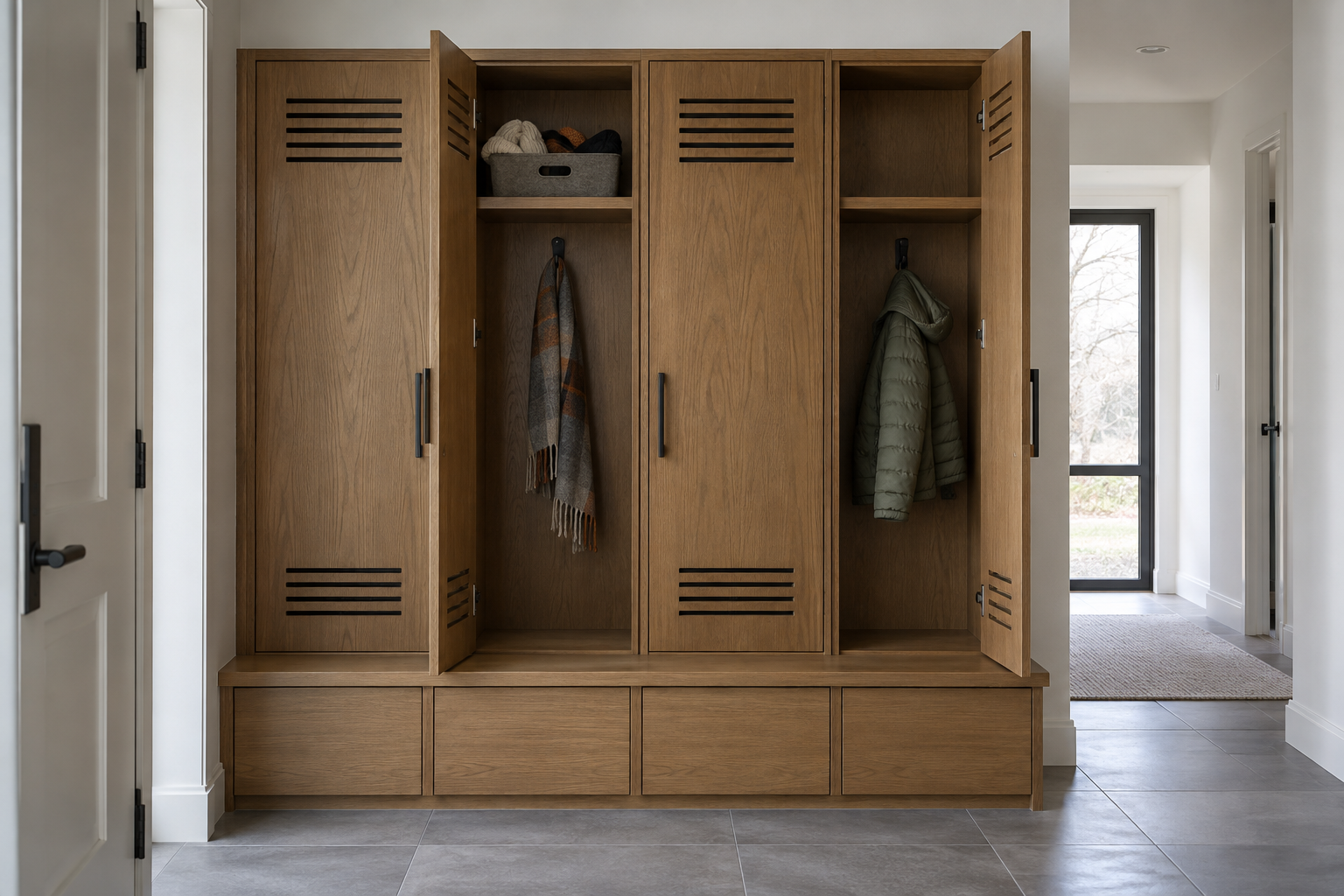 Four caramel ash lockers with vented doors, two open to show a hook and a top shelf, above a base of drawers.