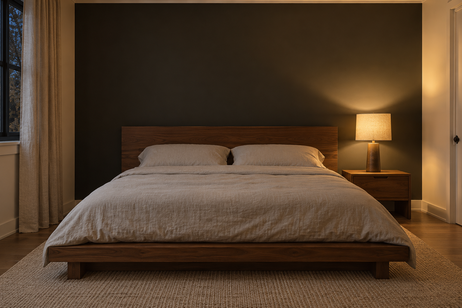 A warm black accent wall behind a walnut bed frame, lit by a bedside lamp so its brown undertone reads through.
