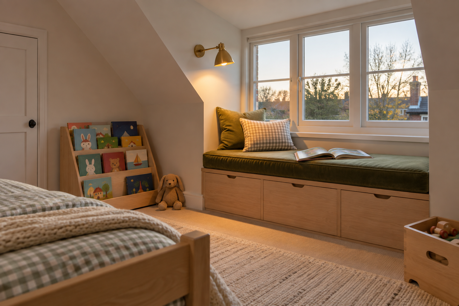 A window seat with a green velvet cushion under a sloped ceiling, with a wall light on and picture books facing out beside it.