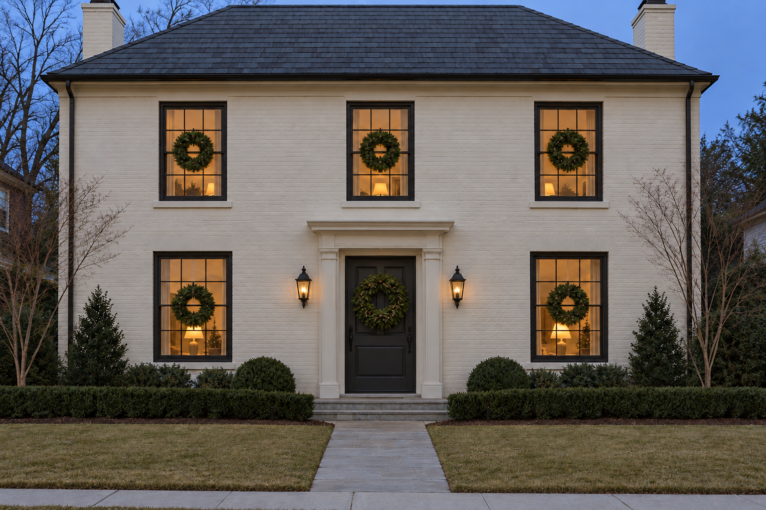 A cream brick house at dusk with a small wreath in each front window and a larger wreath on the door.
