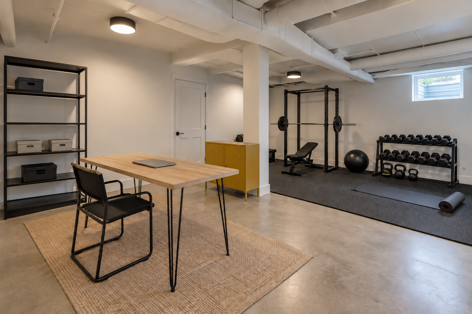 A basement shared between a white oak desk zone on a wool rug and a home workout area on a rubber mat, divided by a mustard storage cabinet.