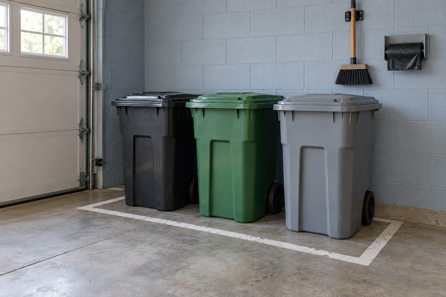 Three lidded bins lined up inside a painted rectangle on a garage floor, with a broom above.