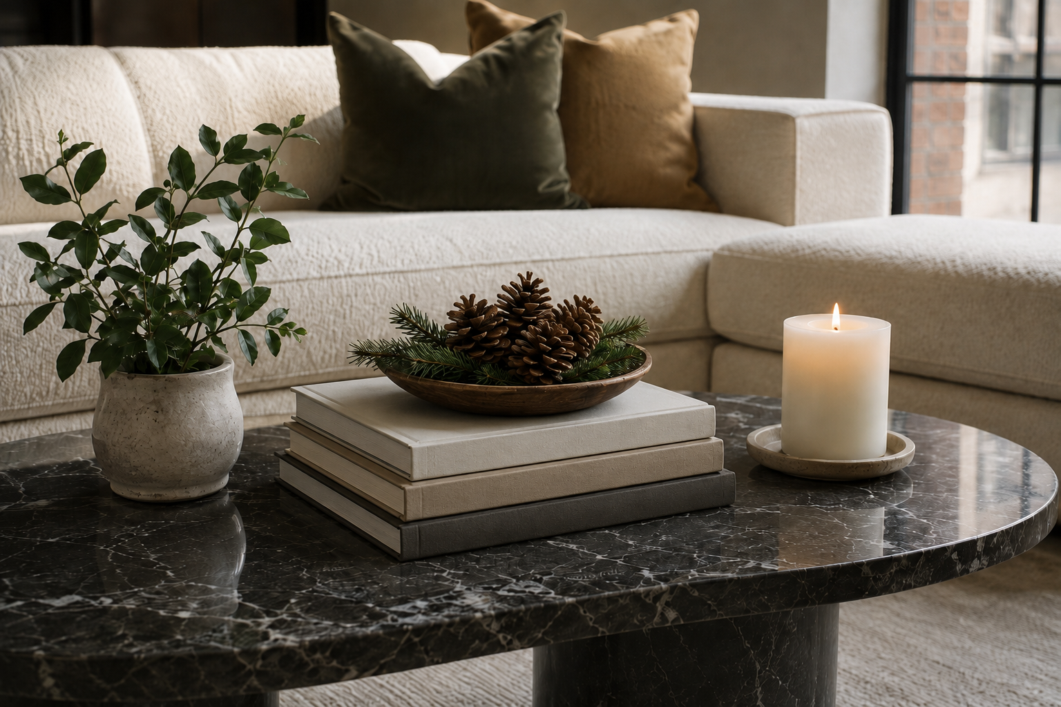 A coffee table styled for Christmas with a book stack, pinecones, and one candle
