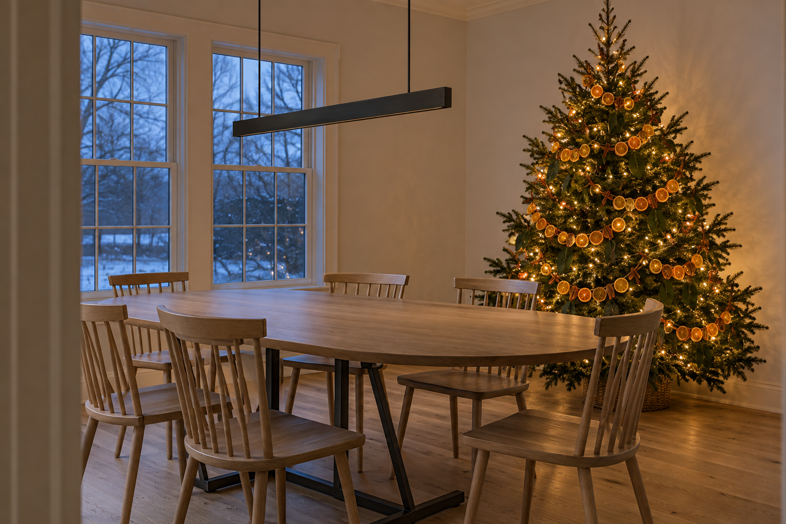 A Christmas tree draped with a dried orange garland in the corner of a dining room, seen from the doorway at dusk.